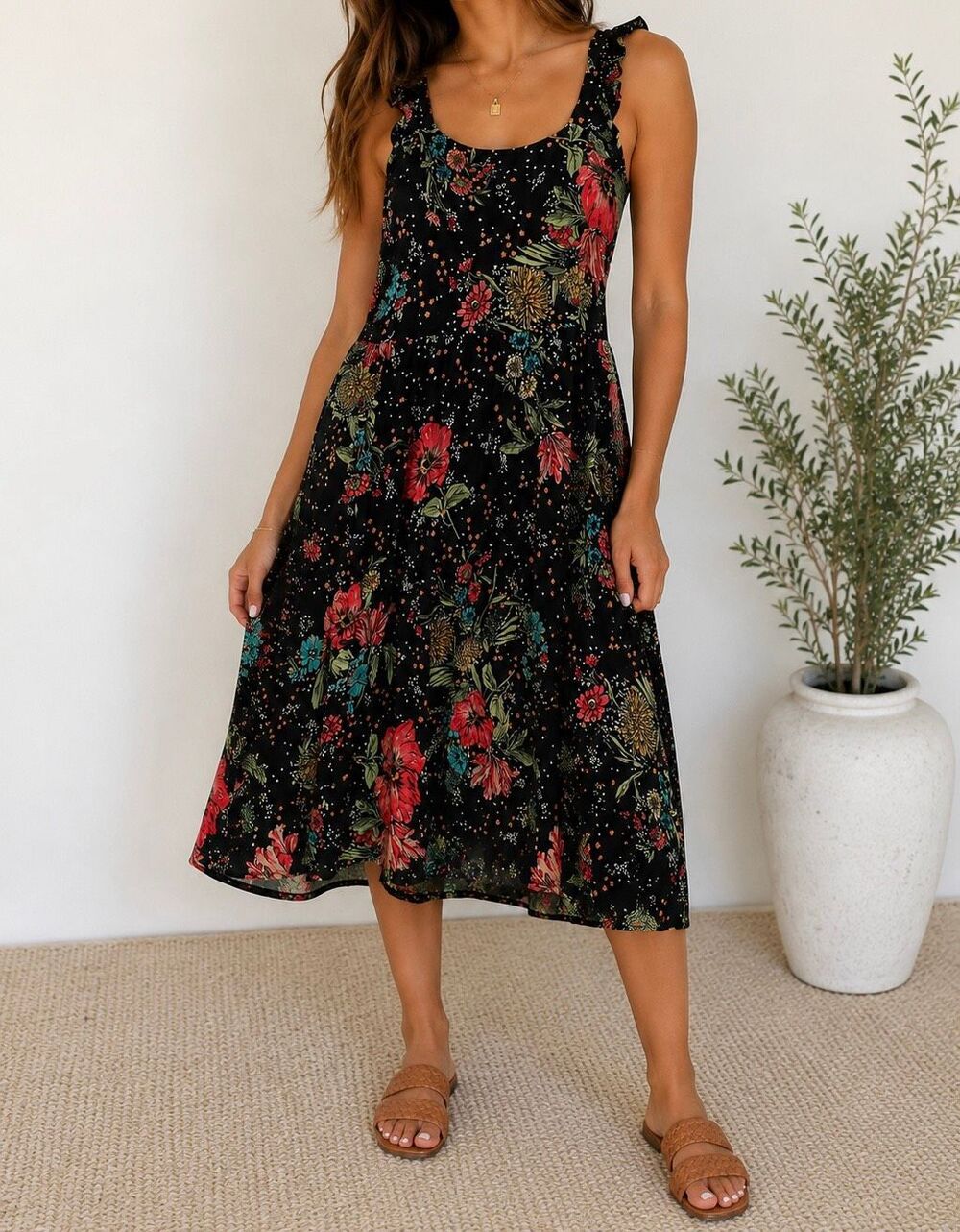 Maurices 24/7 Floral Midi Dress Medium Black Ruffle Strap Boho Cottagecore